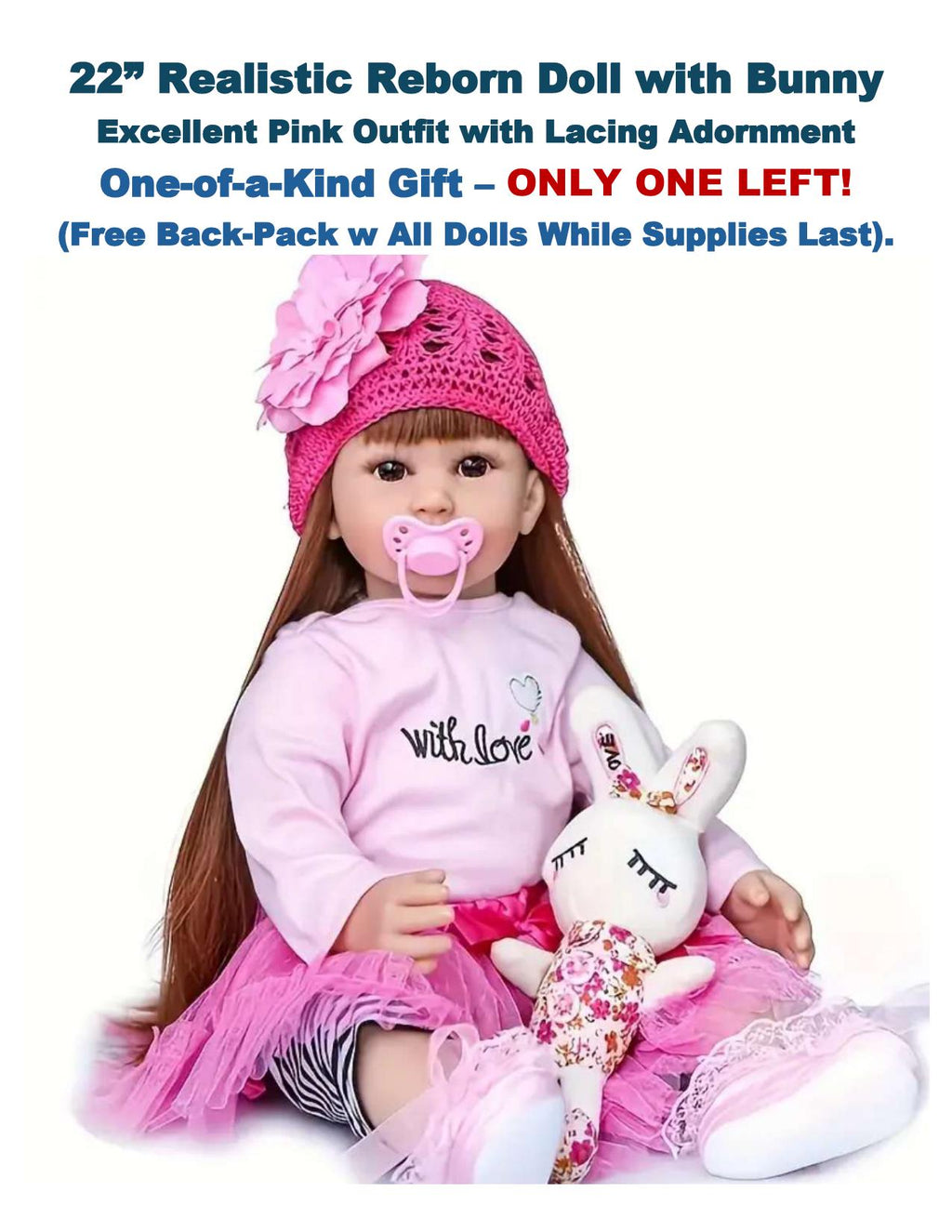 22" Lifelike Reborn Girl Doll – Brown Hair, Pink Outfit and Free Backpack