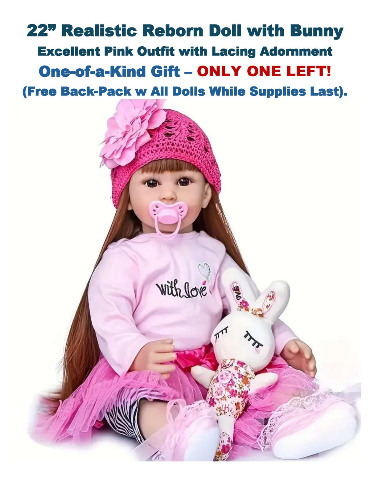 22" Lifelike Reborn Girl Doll – Brown Hair, Pink Outfit and Free Backpack