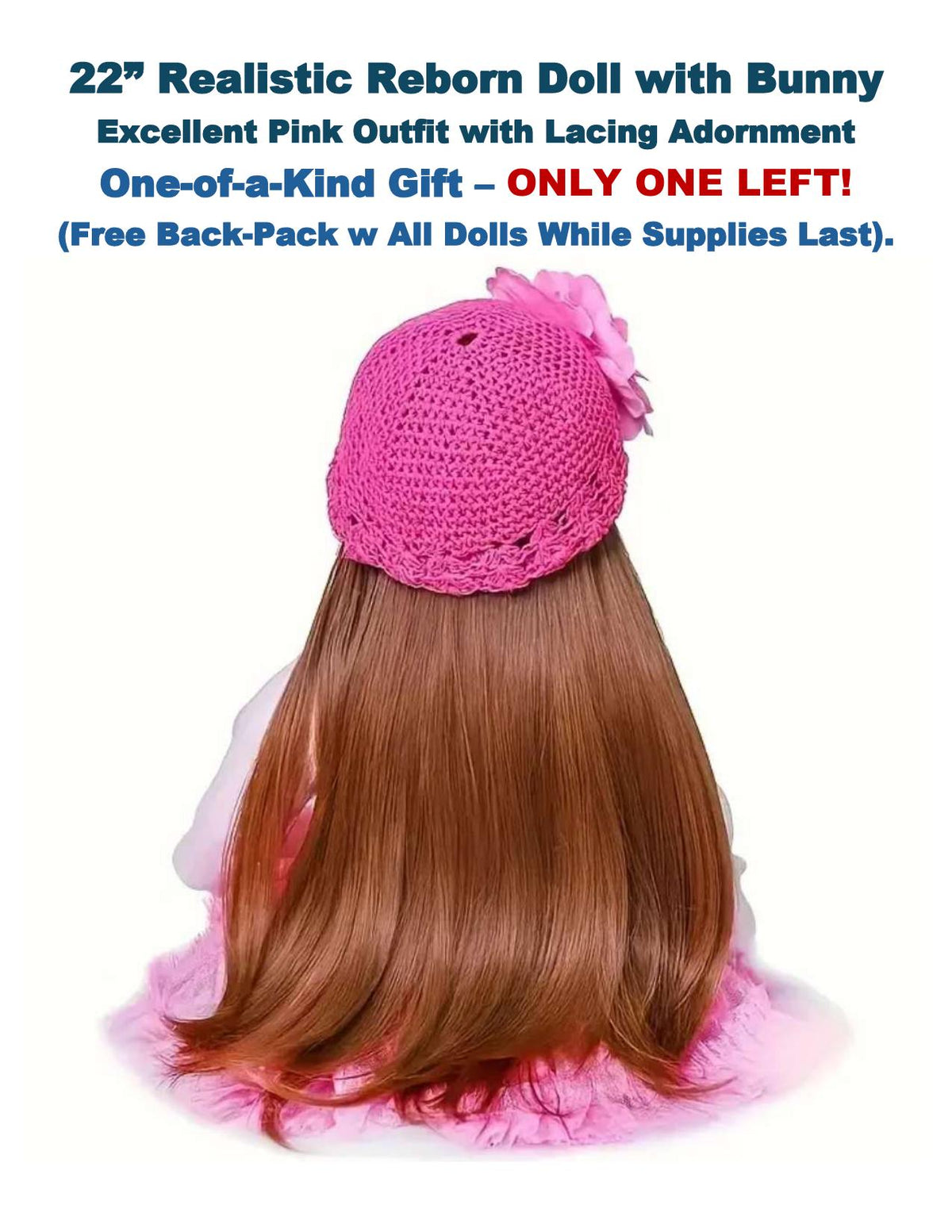 22" Lifelike Reborn Girl Doll – Brown Hair, Pink Outfit and Free Backpack