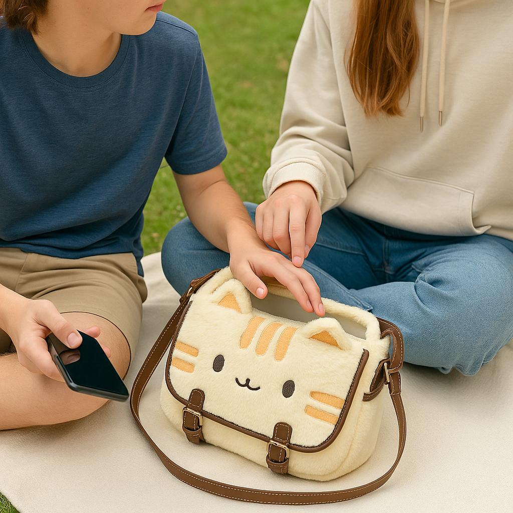 Banana Cat Plush Purse – Faux Fur Crossbody Bag, Kawaii Style