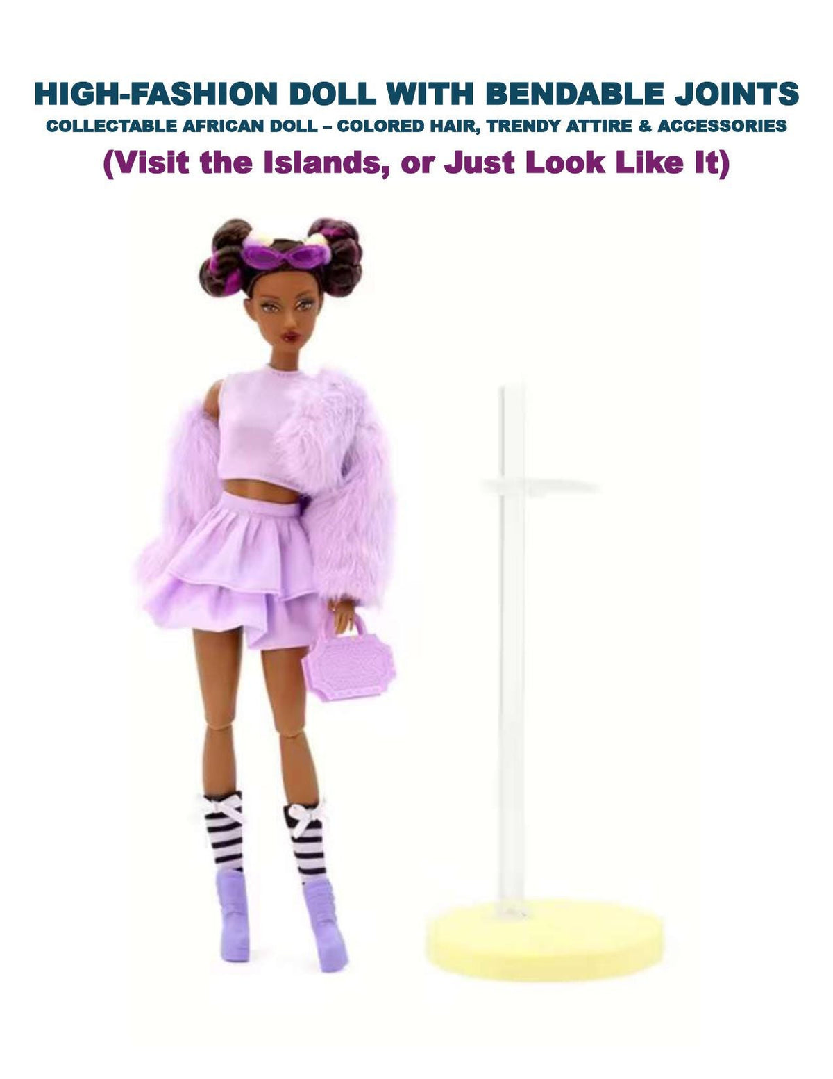 African American Fashion Doll with Bendable Joints, Purple Outfit, Accessories, and Free Backpack