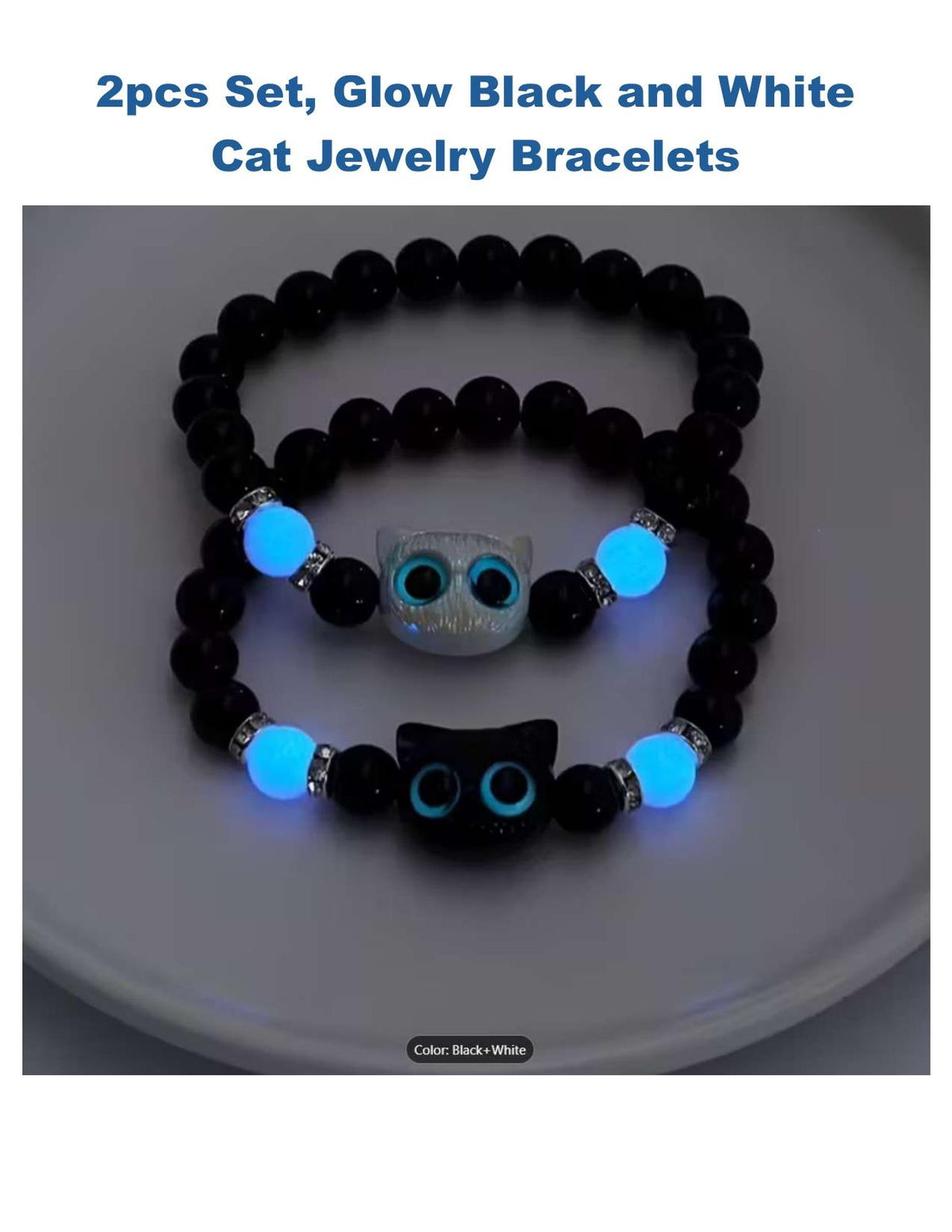 2pcs - Glow Cat Bracelet Set Luminous Black and White Matching Jewelry