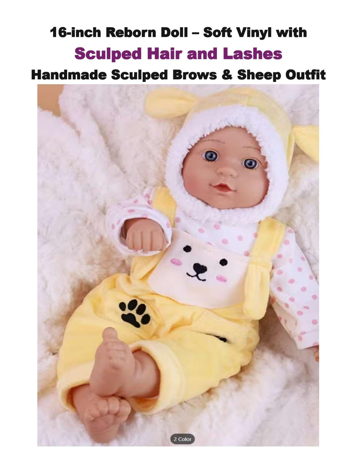 16-inch Reborn Doll, Soft Vinyl, Sculpted Hair, Sheep Outfit, Realistic Baby