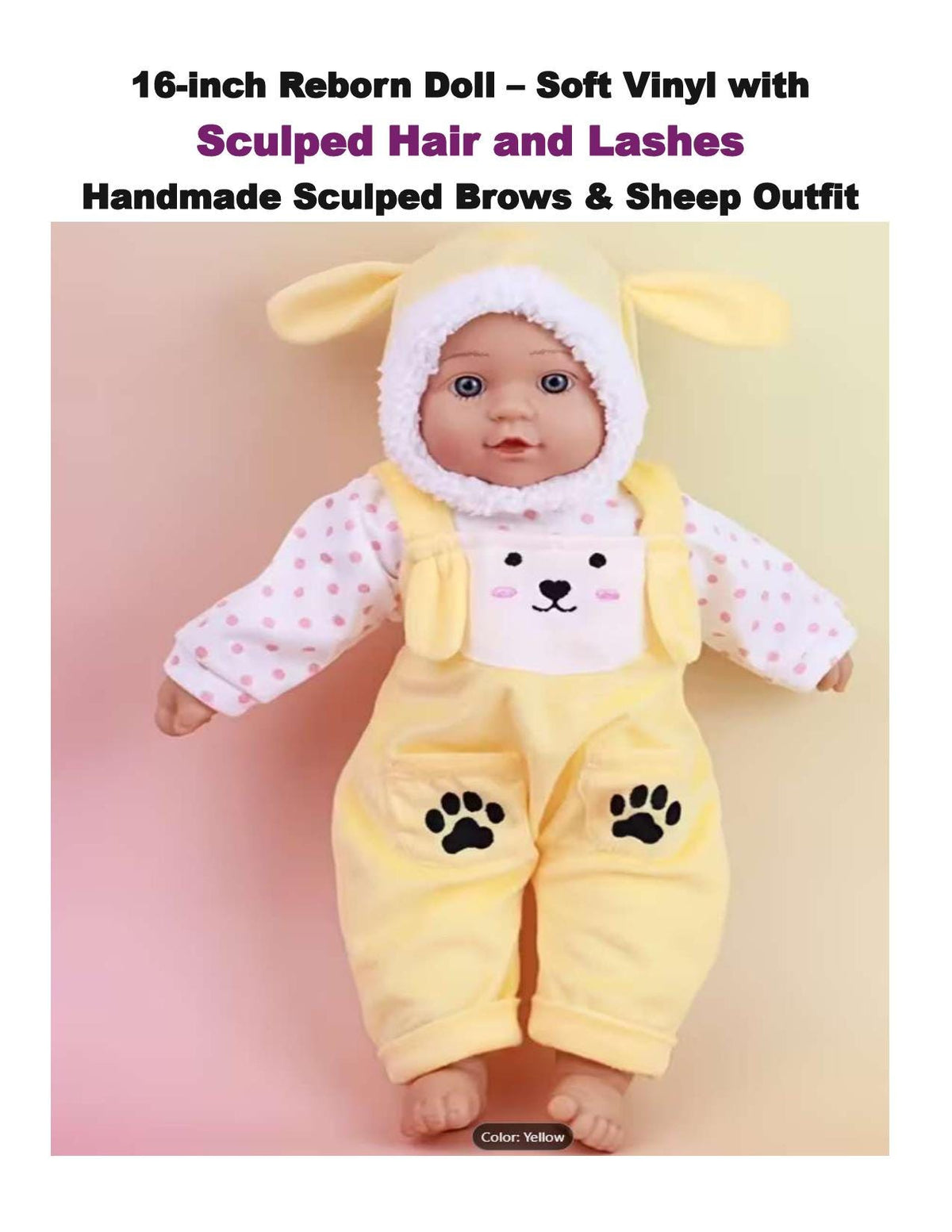 16-inch Reborn Doll, Soft Vinyl, Sculpted Hair, Sheep Outfit, Realistic Baby