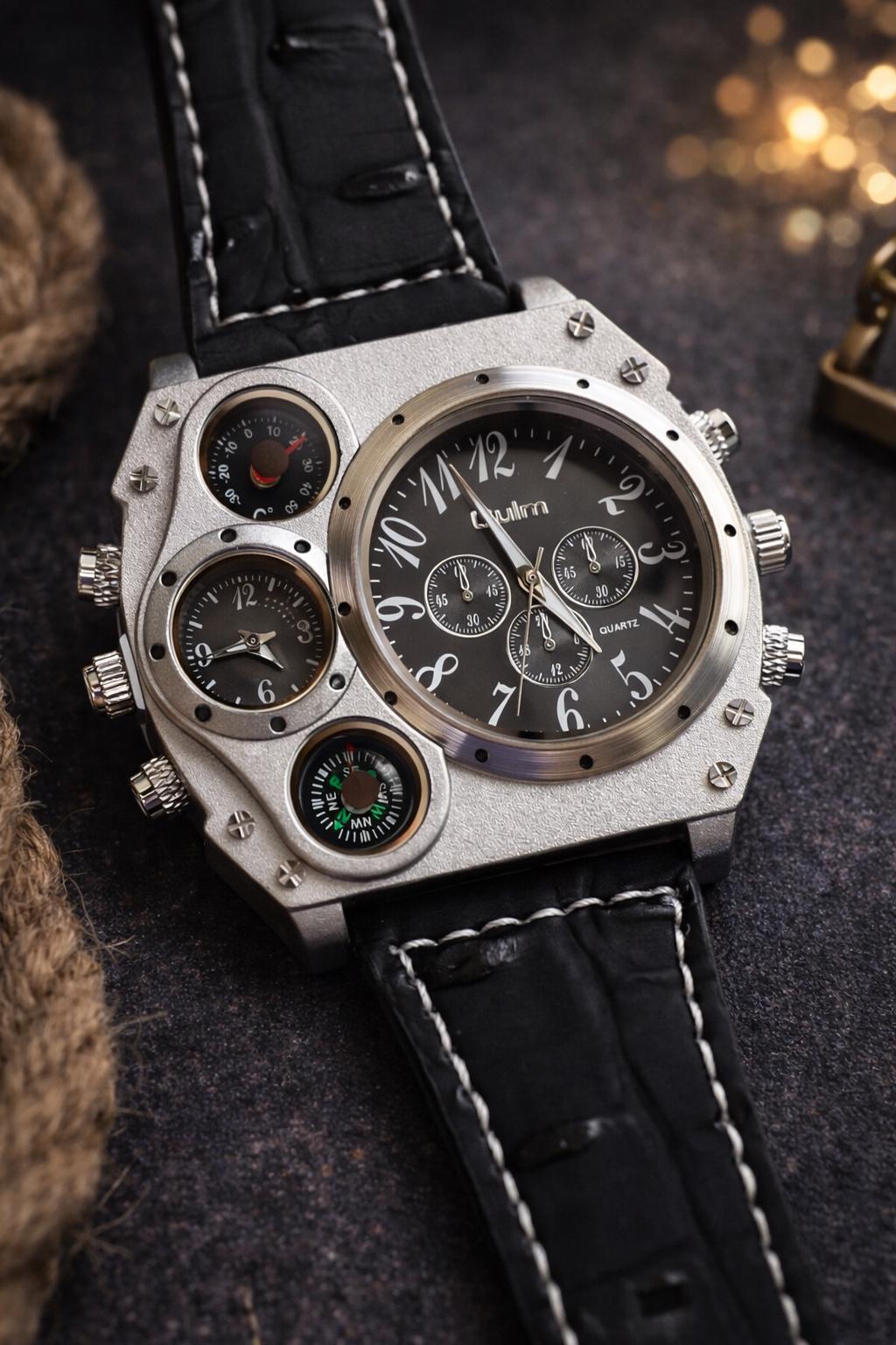 Luxury Multifunction Men’s Watch | Compass Chronograph Quartz | Black Leather Statement Gift