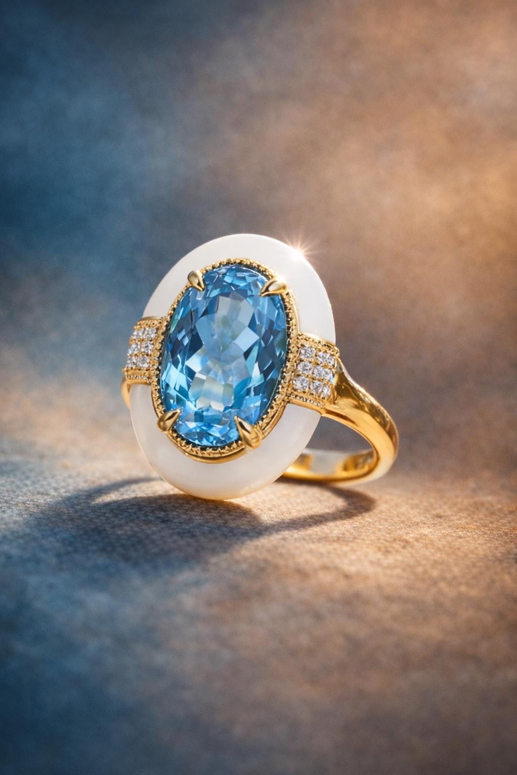 18K Gold Plated Ocean Blue and White Enamel Palace Ring