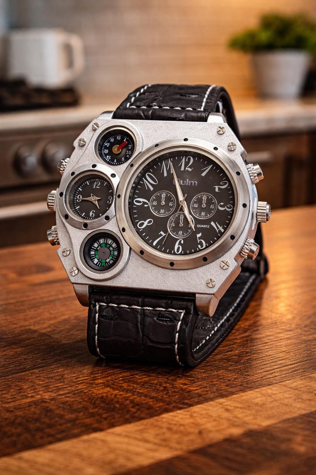 Luxury Multifunction Men’s Watch | Compass Chronograph Quartz | Black Leather Statement Gift