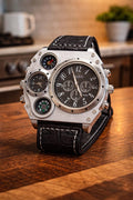 Luxury Multifunction Men’s Watch | Compass Chronograph Quartz | Black Leather Statement Gift