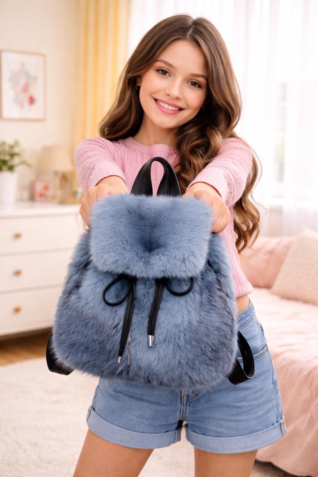 Cozy Plush Faux-Fur Mini Backpack – Navy Blue Trendy Bag