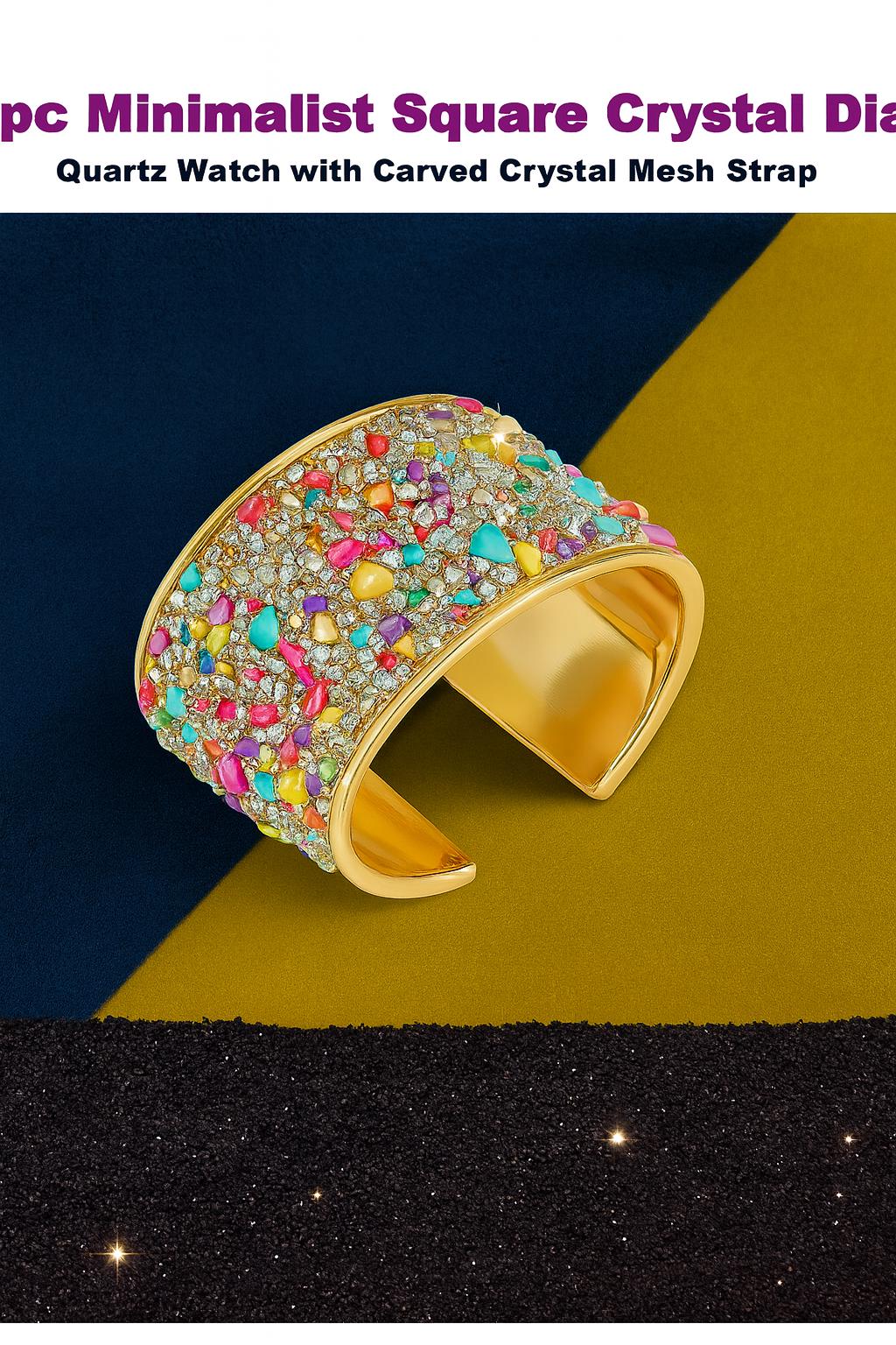 Colorful Rhinestone Bangle Bracelet 6.5cm Adjustable Gold Cuff 4.7cm Statement Jewelry