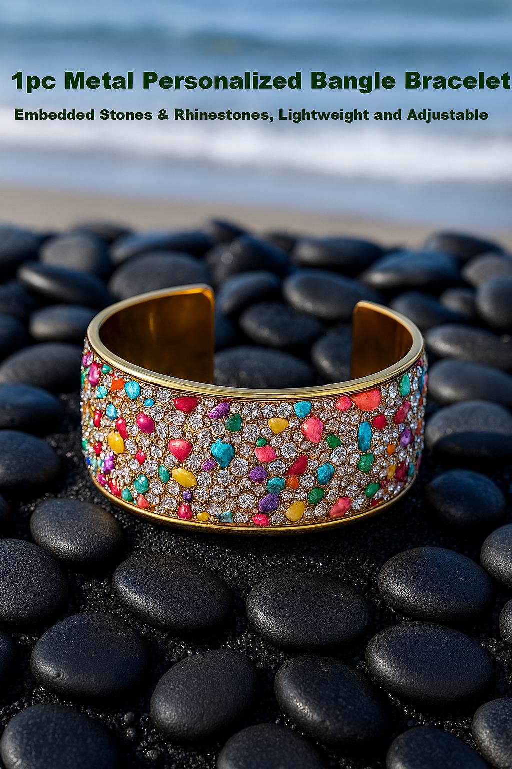 Colorful Rhinestone Bangle Bracelet 6.5cm Adjustable Gold Cuff 4.7cm Statement Jewelry