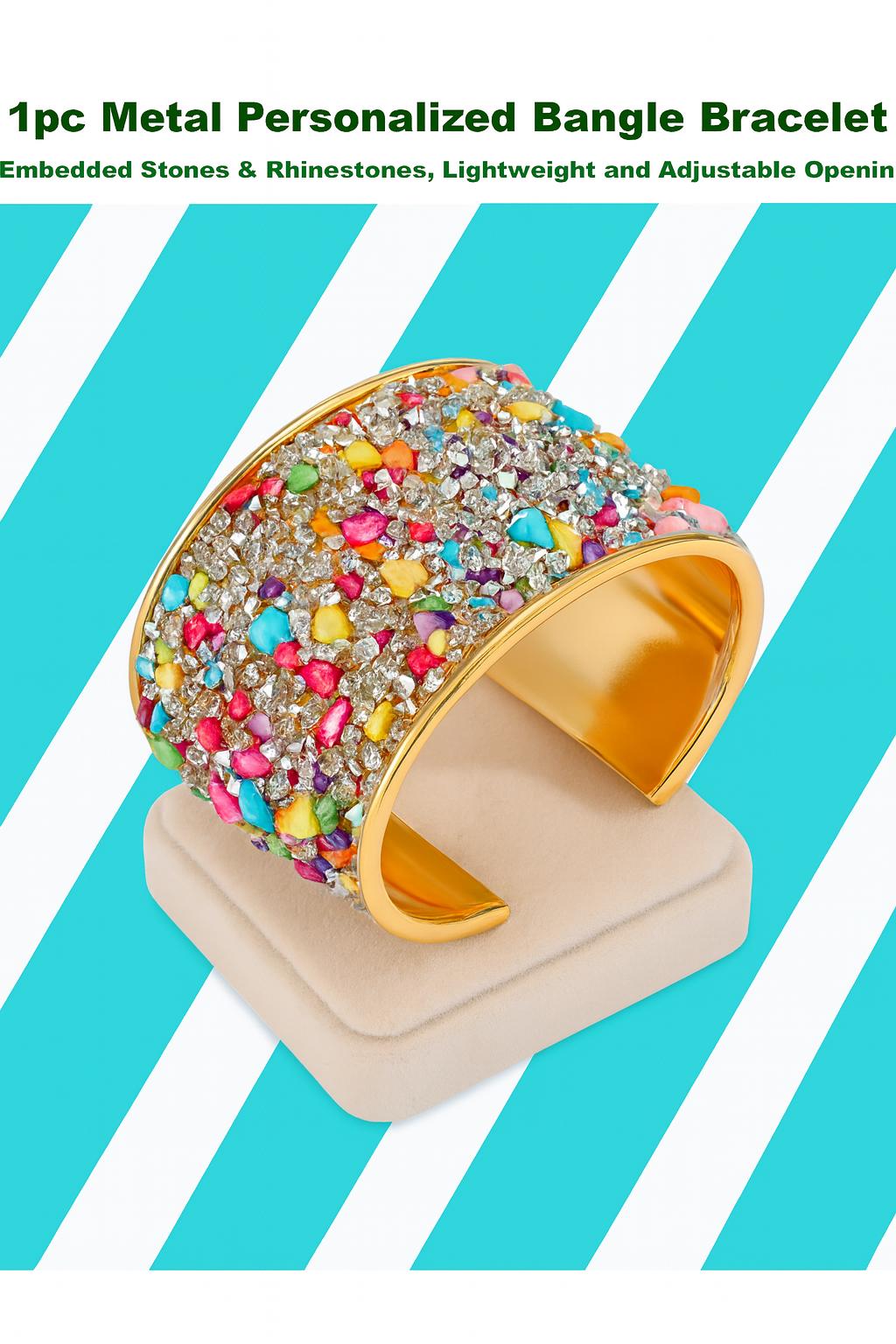 Colorful Rhinestone Bangle Bracelet 6.5cm Adjustable Gold Cuff 4.7cm Statement Jewelry