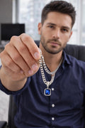 Silver Cuban Link Special Necklace – Blue Gem Pendant, Statement Jewelry