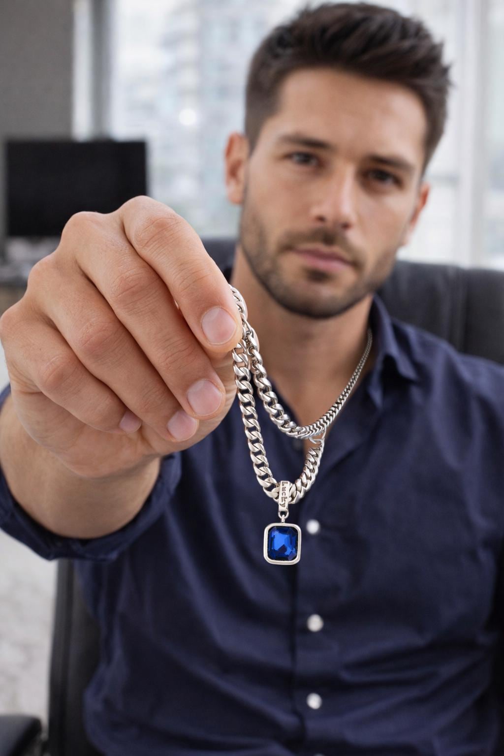 Silver Cuban Link Special Necklace – Blue Gem Pendant, Statement Jewelry
