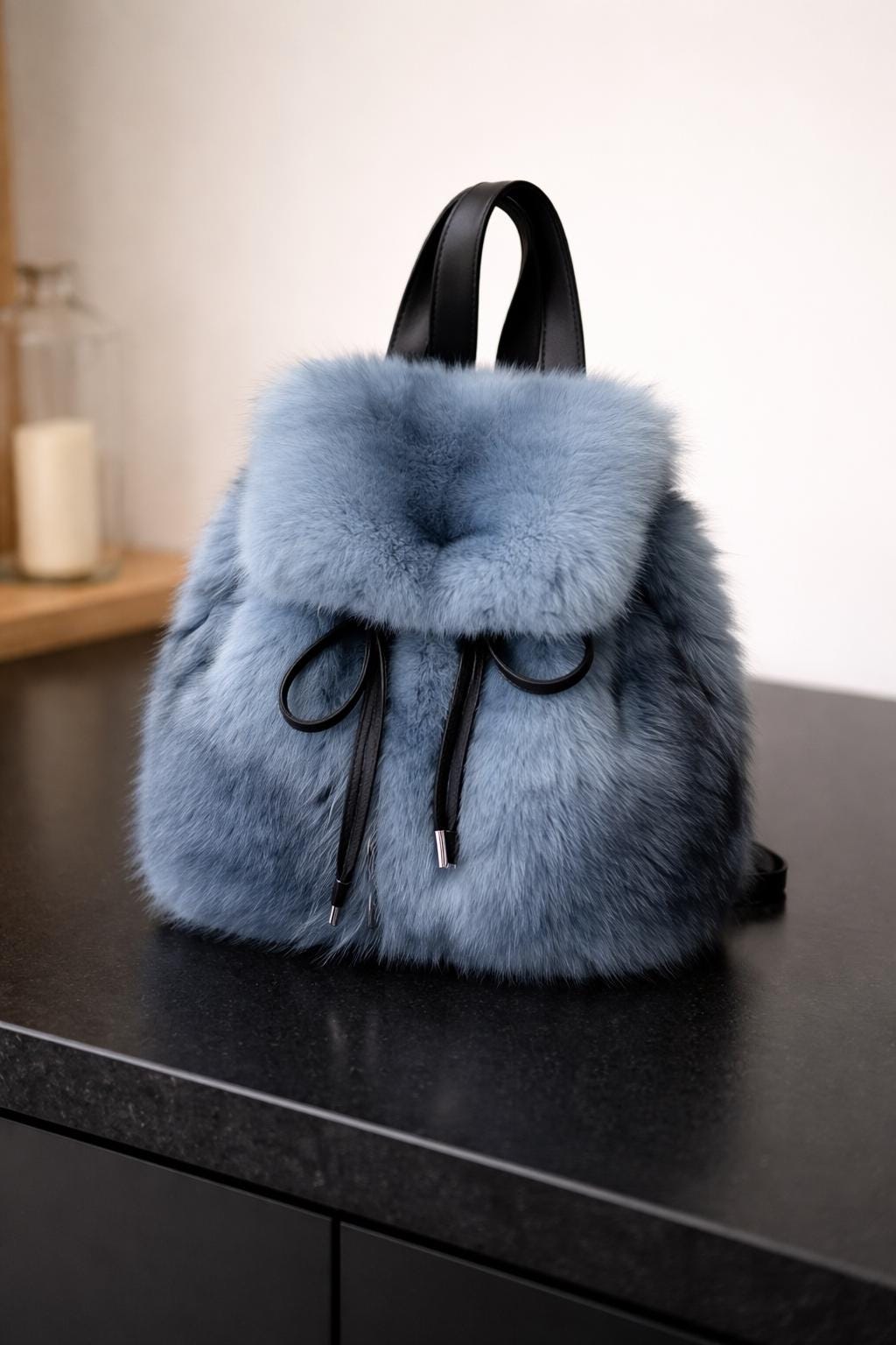 Cozy Plush Faux-Fur Mini Backpack – Navy Blue Trendy Bag