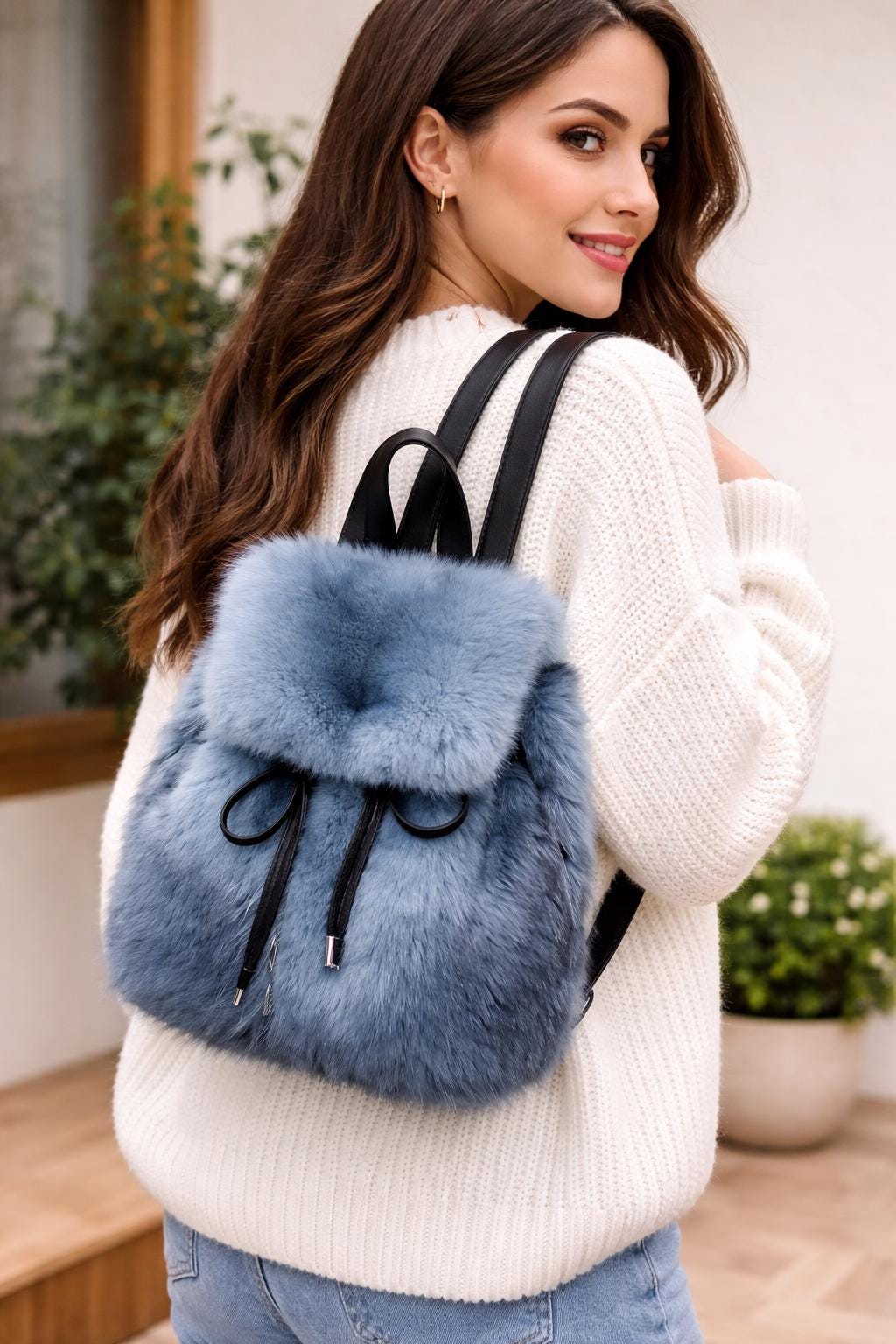 Cozy Plush Faux-Fur Mini Backpack – Navy Blue Trendy Bag