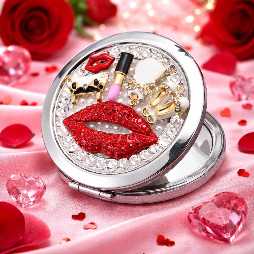 Limited Edition - Buy!! Vintage Style Rhinestone 3D Compact Mirror – Red Lips & Pearl Accents