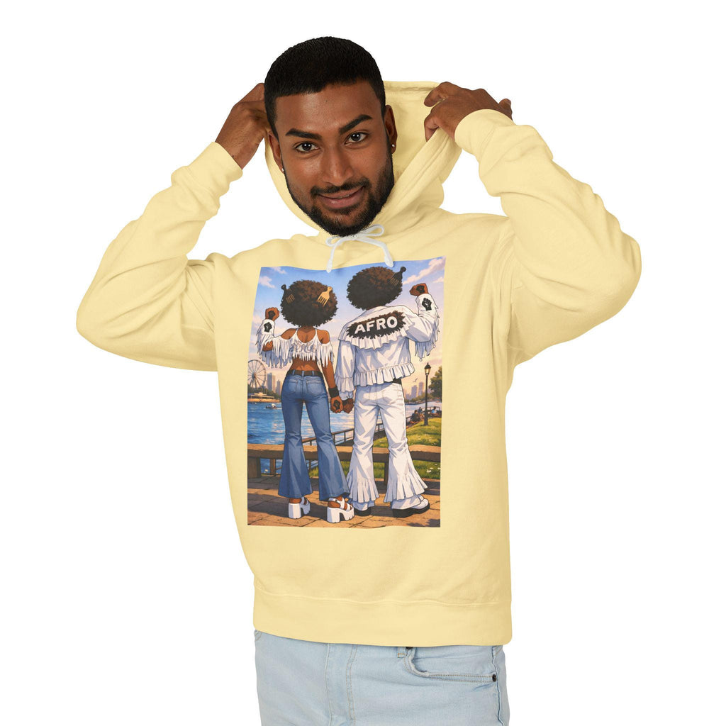 Afro Couple Beach Scene Hoodie | Retro 70s Afro Fashions Sweatshirt