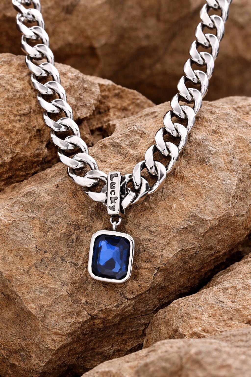 Silver Cuban Link Special Necklace – Blue Gem Pendant, Statement Jewelry