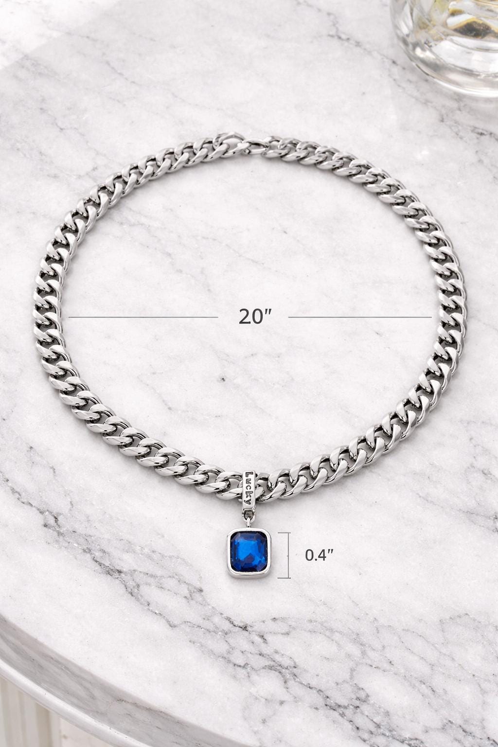 Silver Cuban Link Special Necklace – Blue Gem Pendant, Statement Jewelry