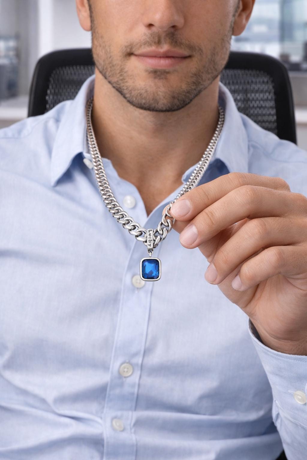 Silver Cuban Link Special Necklace – Blue Gem Pendant, Statement Jewelry