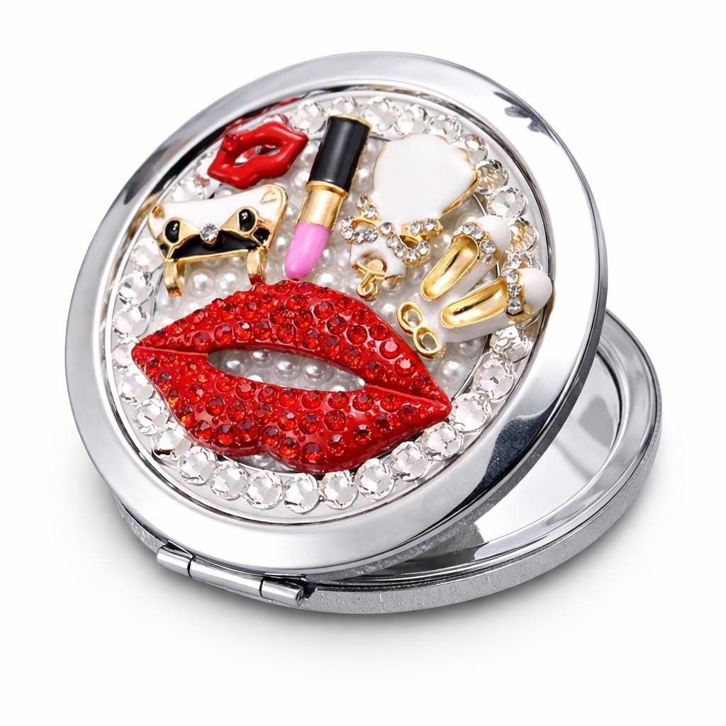 Limited Edition - Buy!! Vintage Style Rhinestone 3D Compact Mirror – Red Lips & Pearl Accents