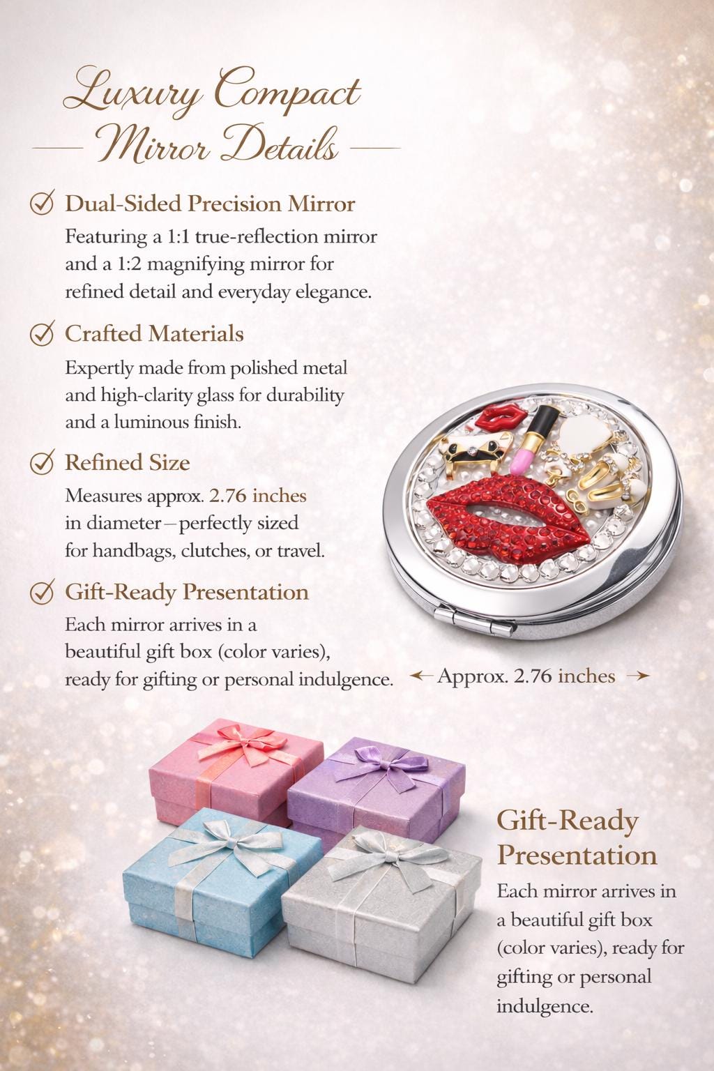 Limited Edition - Buy!! Vintage Style Rhinestone 3D Compact Mirror – Red Lips & Pearl Accents