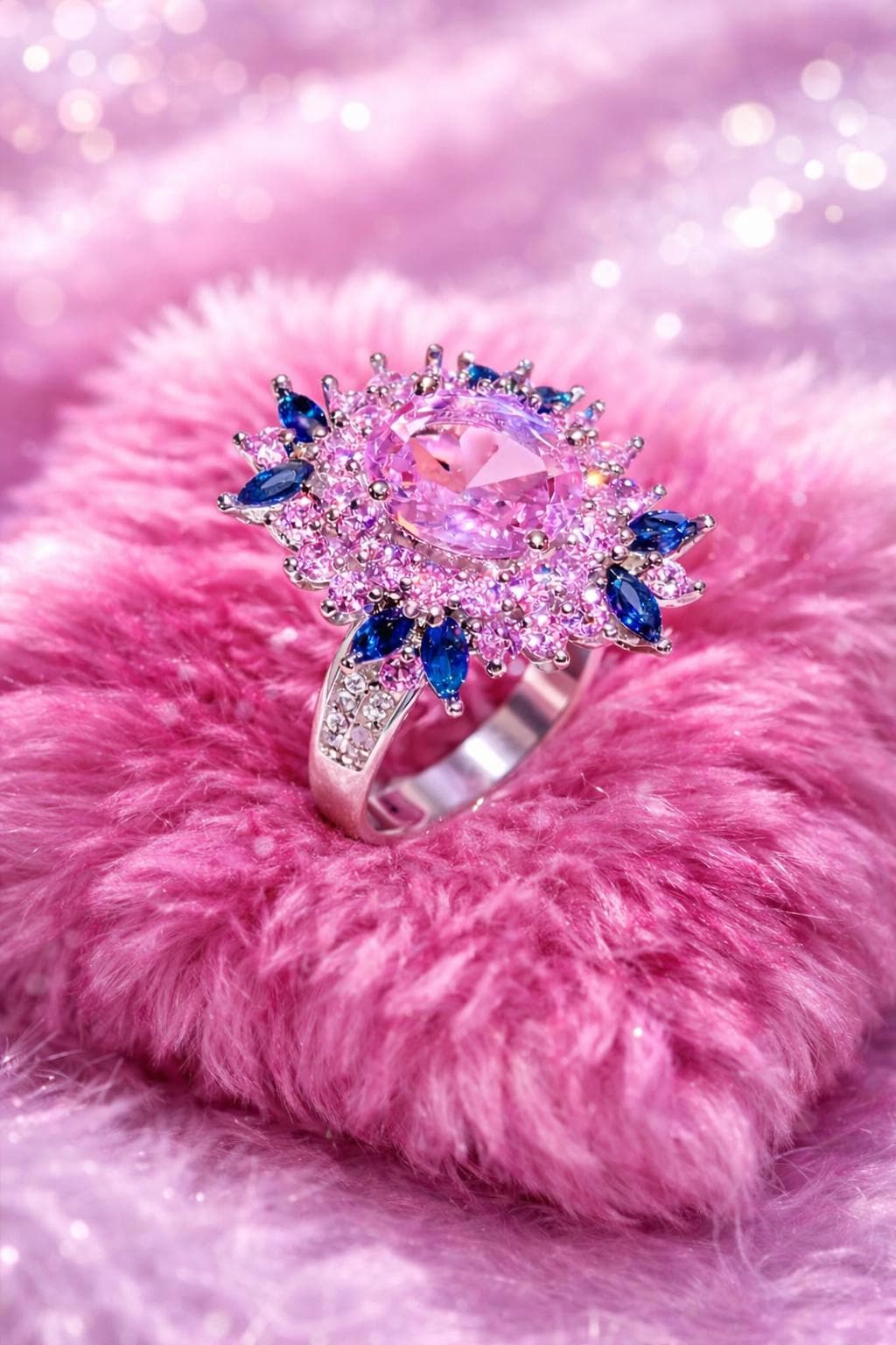 Crowned Blush Pink & Royal Blue Morganite Statement Ring