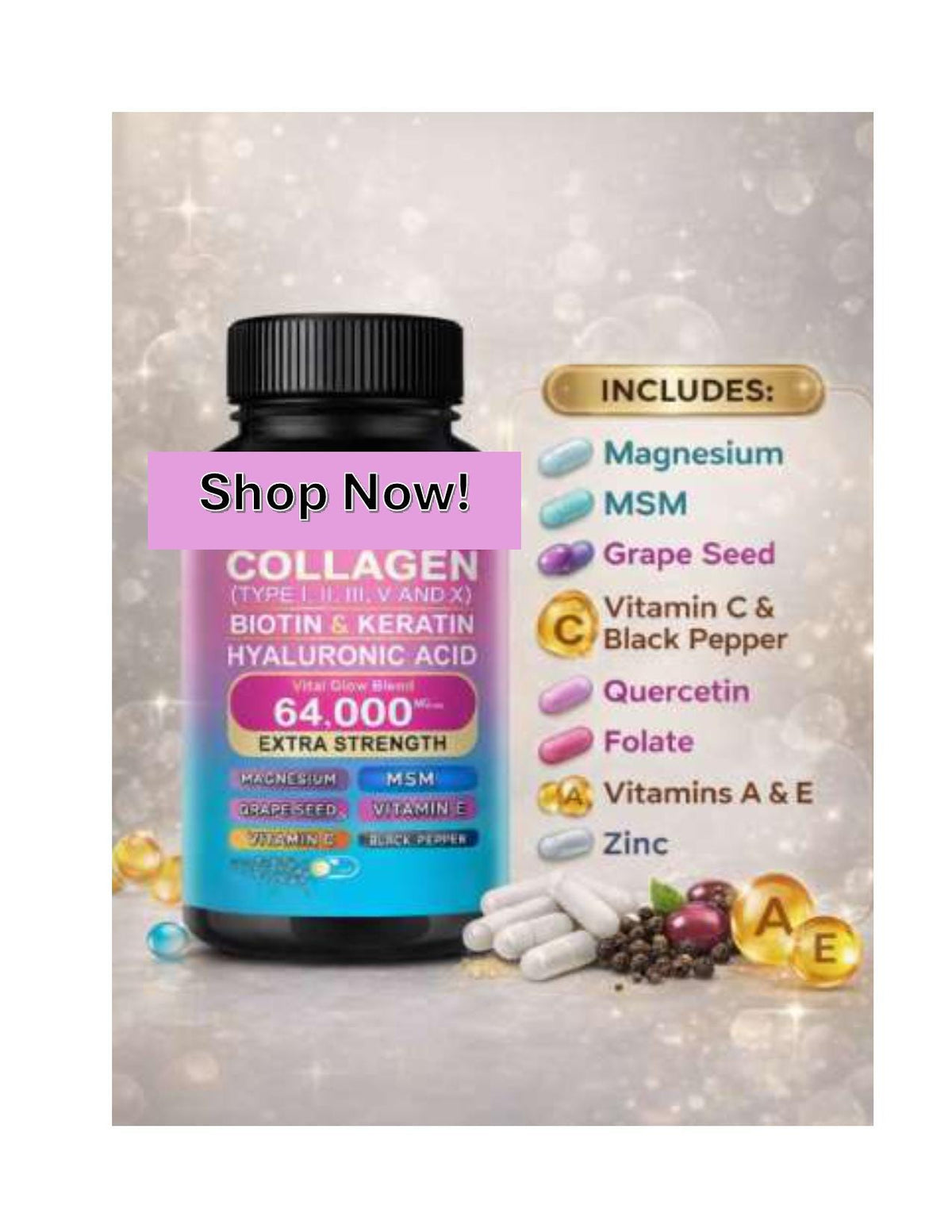 Collagen Capsules with Biotin & Hyaluronic Acid – Hair Skin Nail Support Supplement – Glow Support Wellness