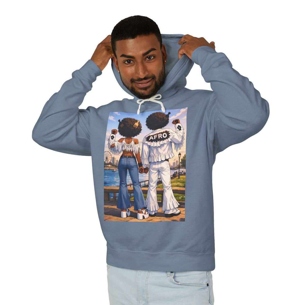 Afro Couple Beach Scene Hoodie | Retro 70s Afro Fashions Sweatshirt