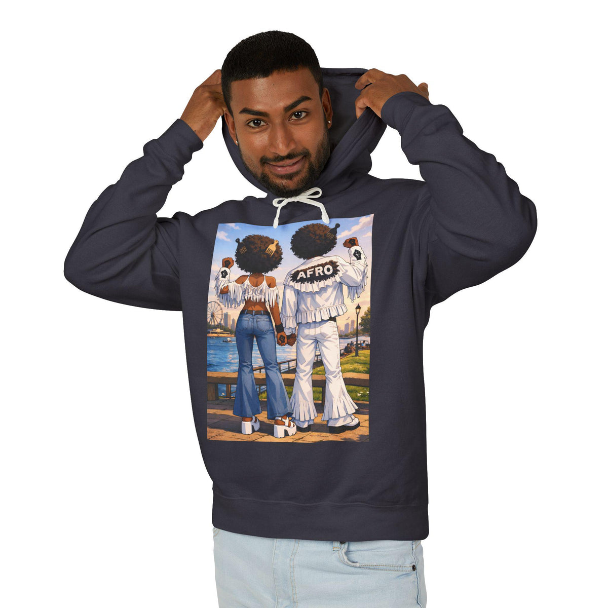 Afro Couple Beach Scene Hoodie | Retro 70s Afro Fashions Sweatshirt