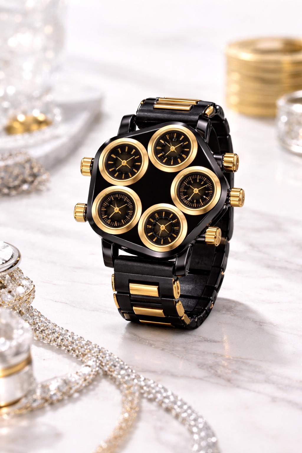 Limited Edition Architectural Multi-Dial Watch – Black Gold Collector Statement Timepiece
