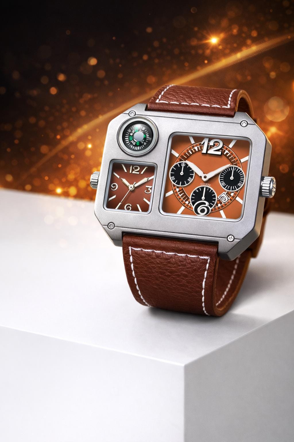 Luxury Dual Dial Watch | Square Designer Timepiece Brown & Blue Leather Strap