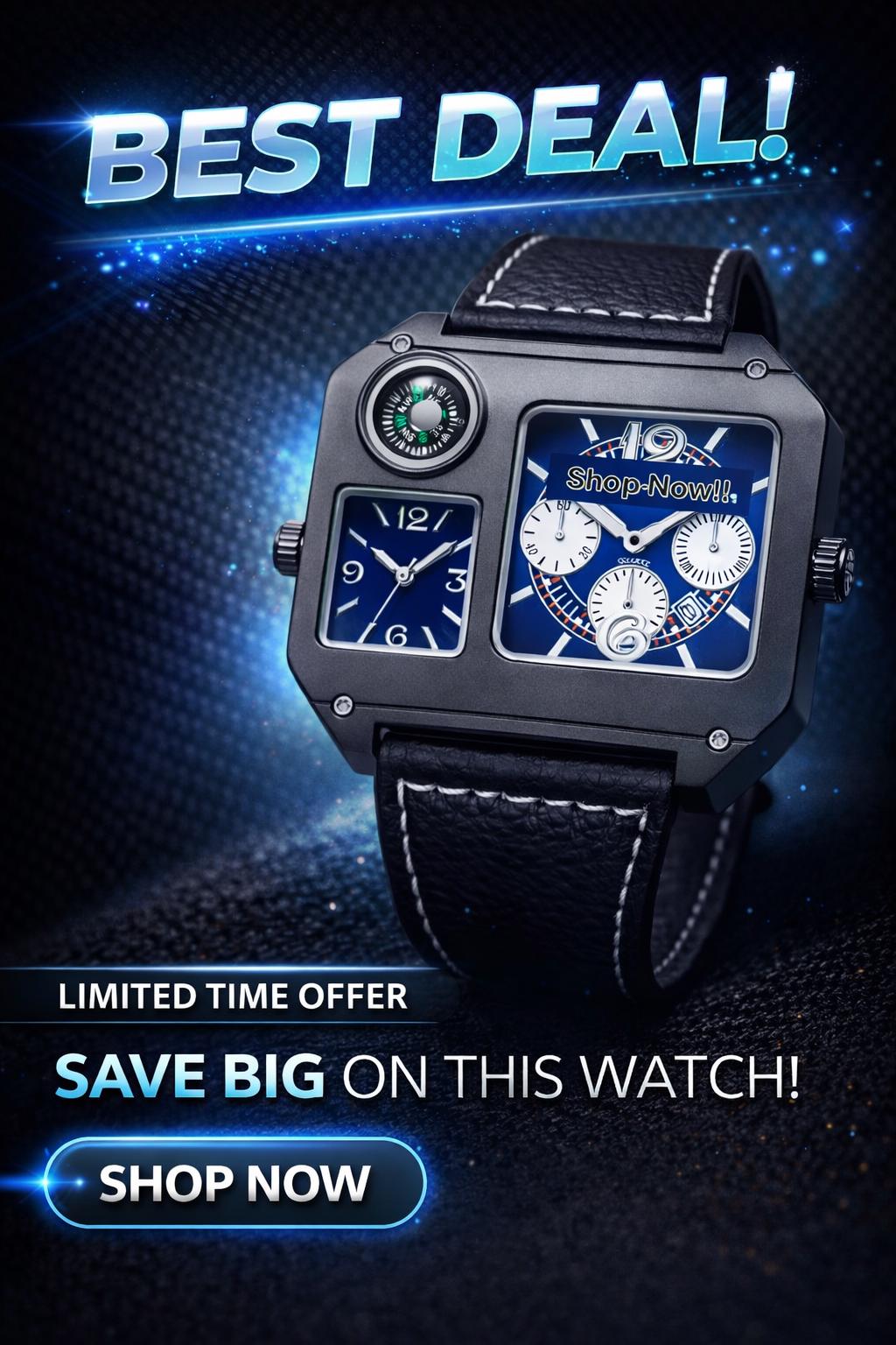 Luxury Dual Dial Watch | Square Designer Timepiece Brown & Blue Leather Strap