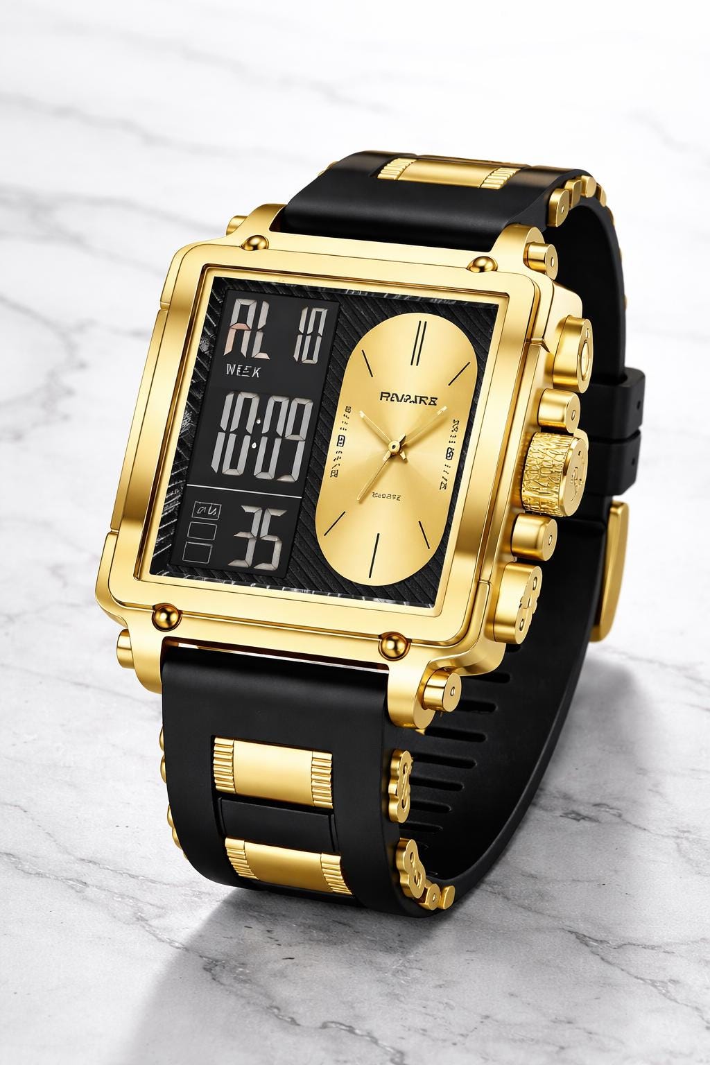 Gold Dual Display Square Watch: Analog Digital Timepiece, Stainless Steel Fashion Accessory