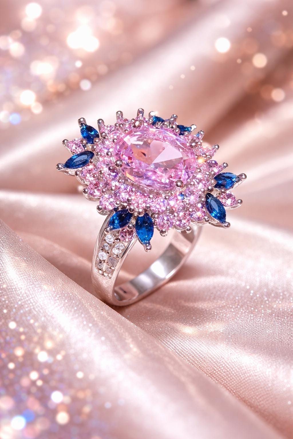 Crowned Blush Pink & Royal Blue Morganite Statement Ring