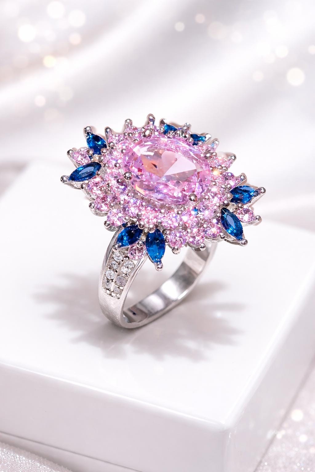 Crowned Blush Pink & Royal Blue Morganite Statement Ring