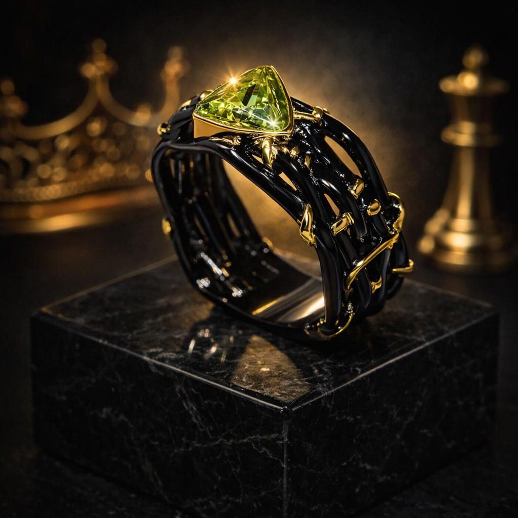 Men’s Peri-dot Black and Gold Luxury Statement Ring