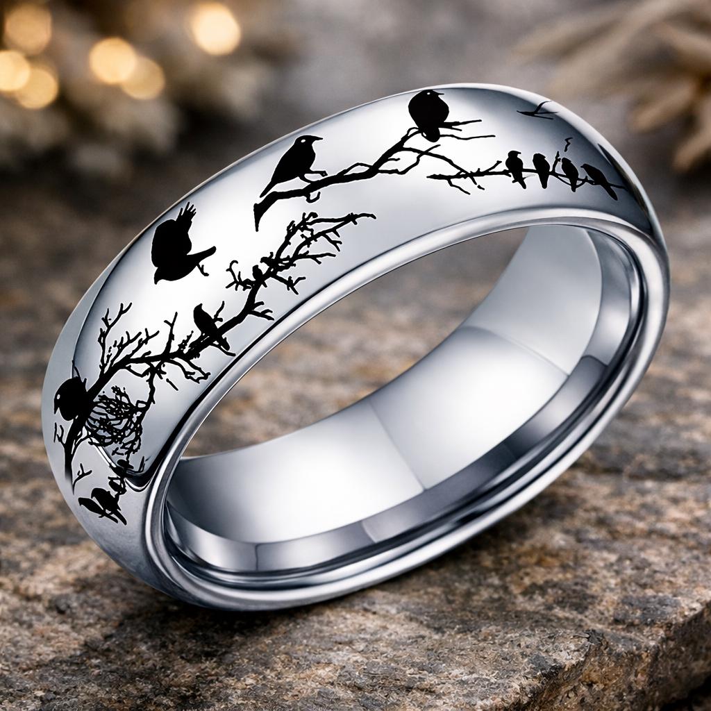 Rare Bird Branch Engraved Nature Ring – Silver Band