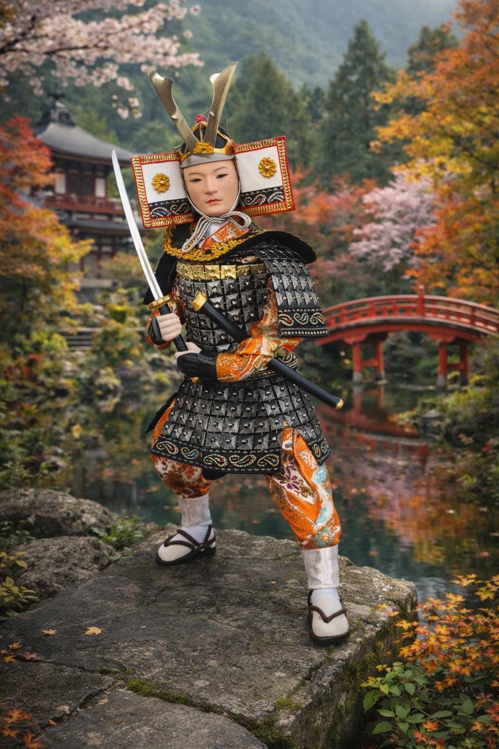 Japanese Rare Samurai Warrior Statue w Katana Armor Collectible Figurine Martial Arts Decor