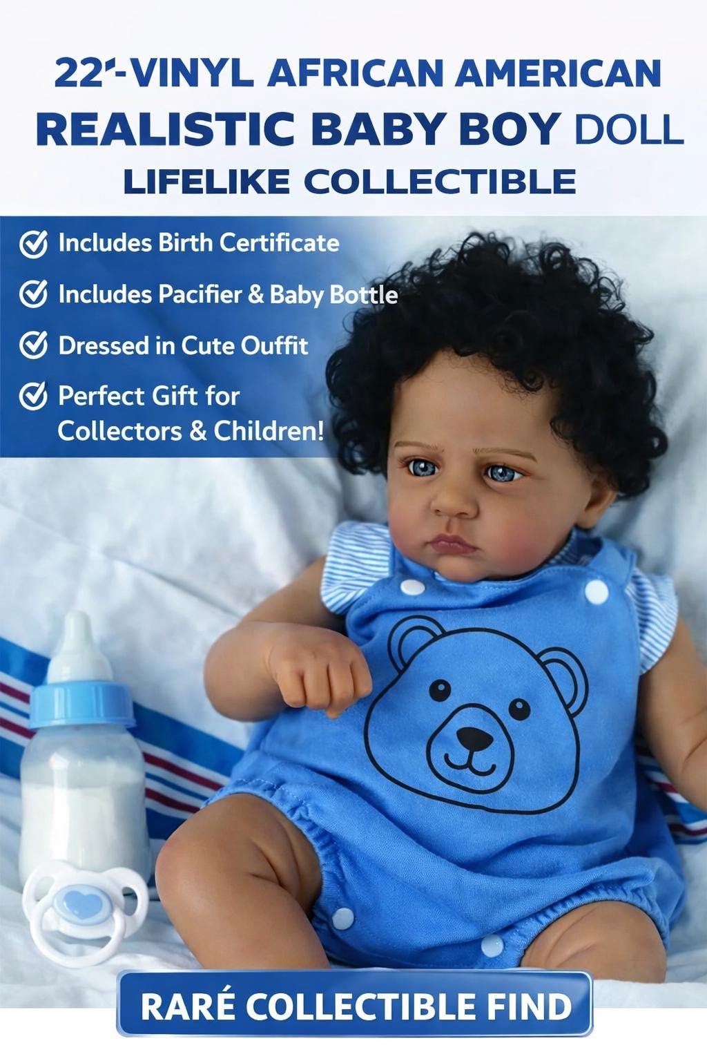 22" Reborn African American Boy Doll: Blue Eyes with Free Backpack with Certificate
