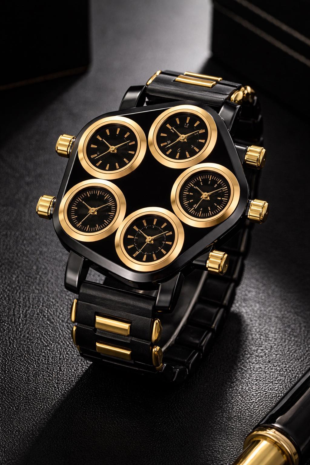 Limited Edition Architectural Multi-Dial Watch – Black Gold Collector Statement Timepiece