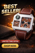 Luxury Dual Dial Watch | Square Designer Timepiece Brown & Blue Leather Strap