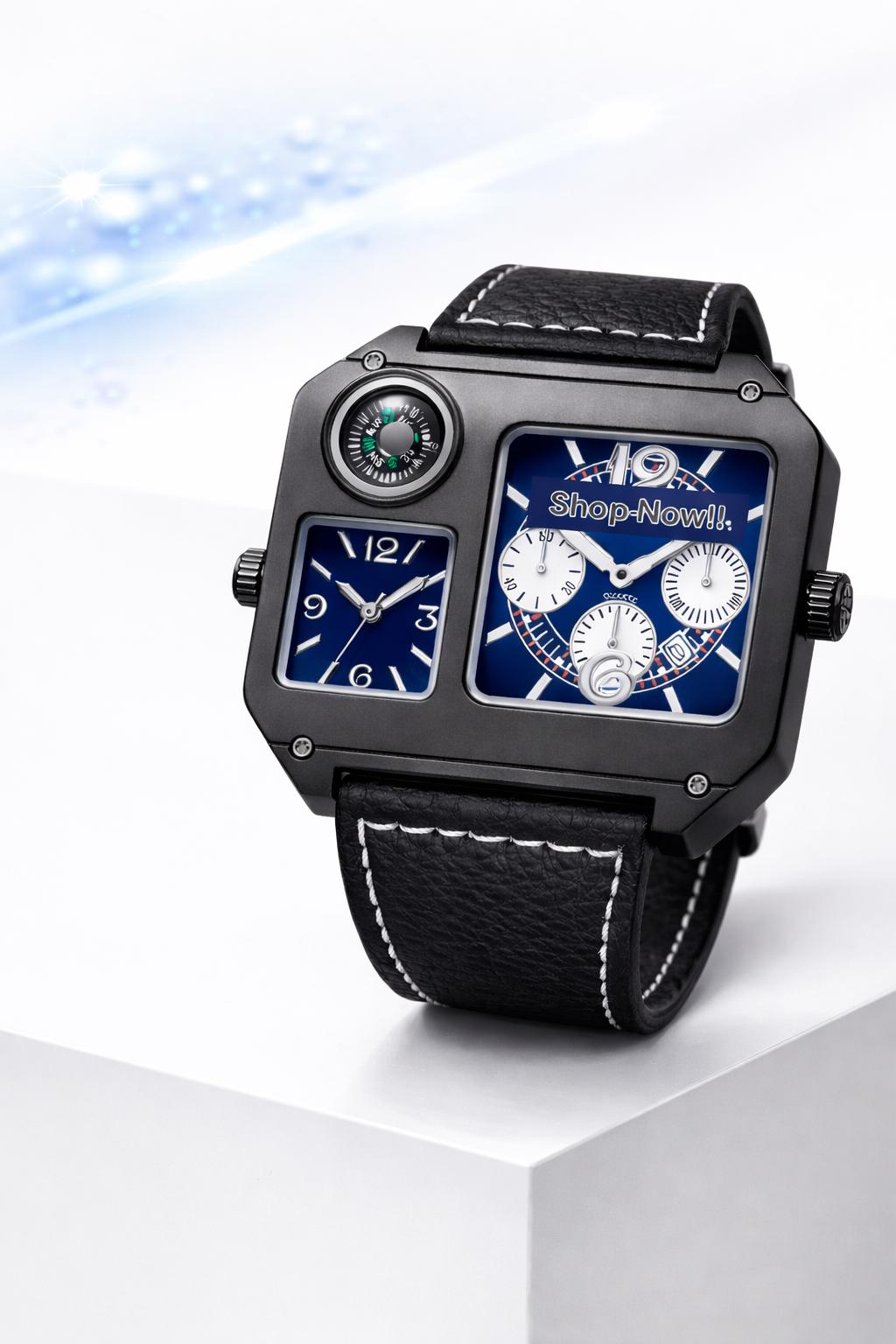 Luxury Dual Dial Watch | Square Designer Timepiece Brown & Blue Leather Strap