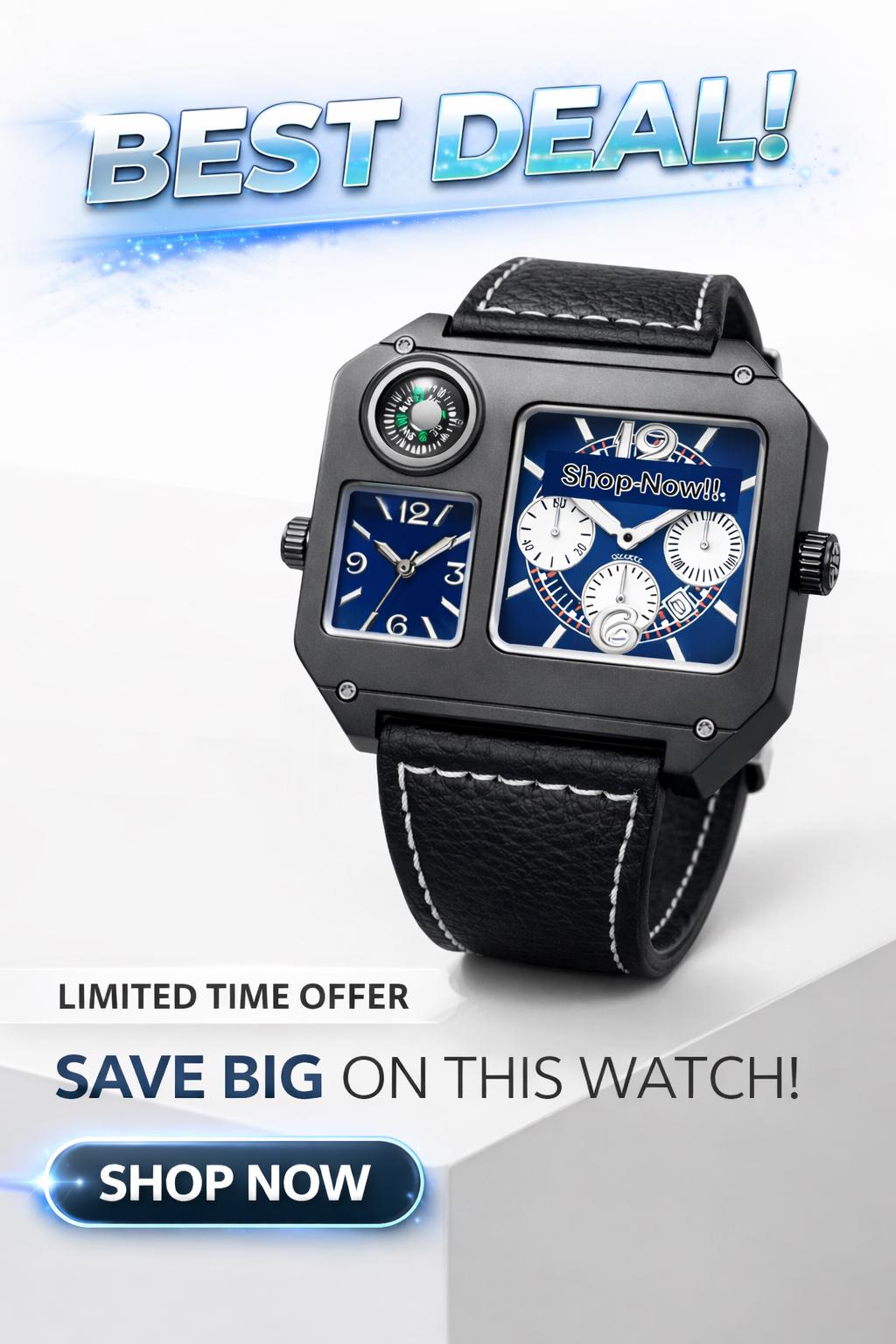 Luxury Dual Dial Watch | Square Designer Timepiece Brown & Blue Leather Strap