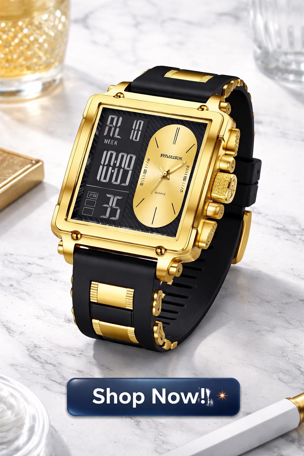 Gold Dual Display Square Watch: Analog Digital Timepiece, Stainless Steel Fashion Accessory
