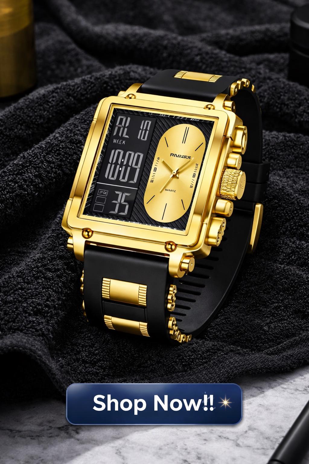 Gold Dual Display Square Watch: Analog Digital Timepiece, Stainless Steel Fashion Accessory