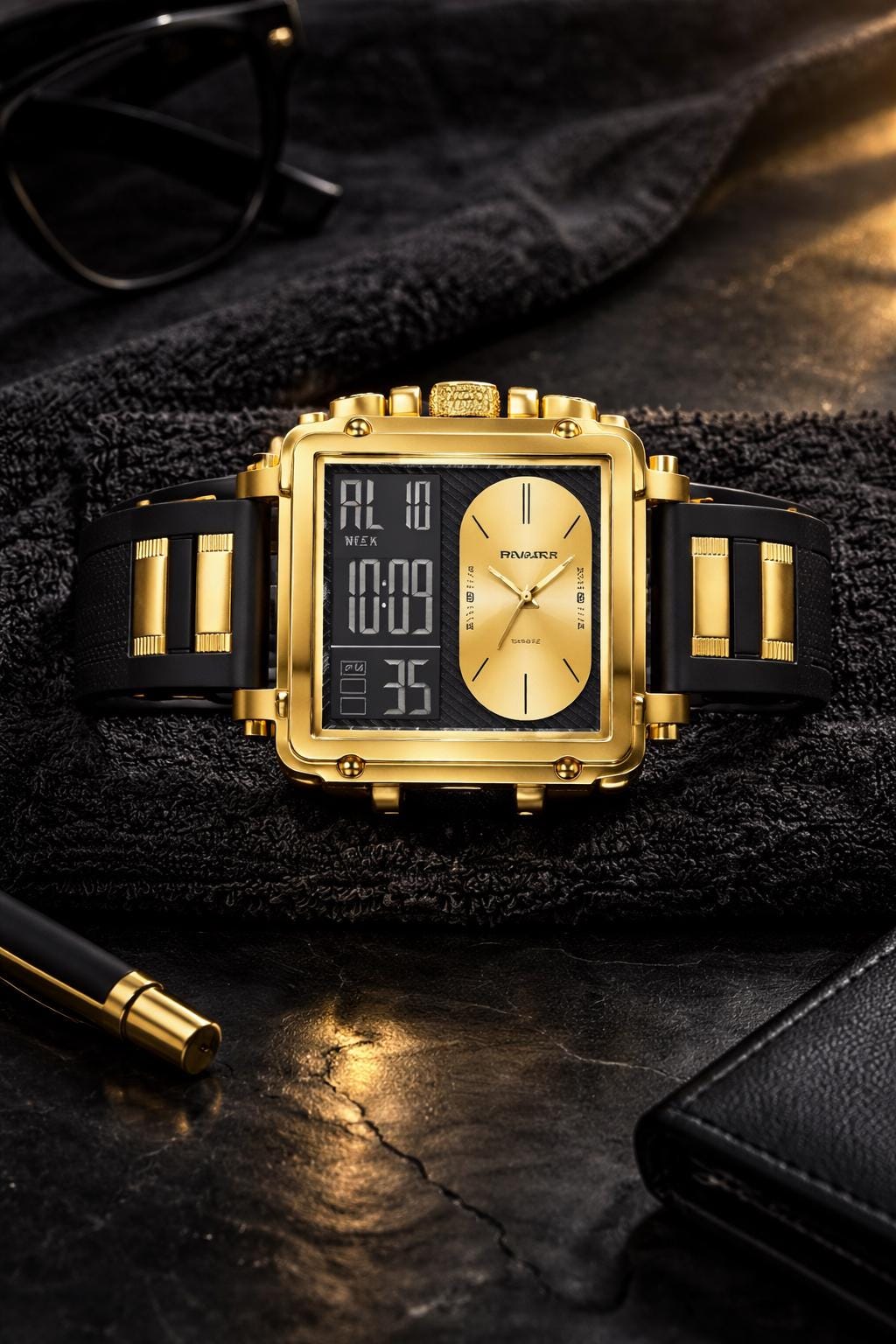 Gold Dual Display Square Watch: Analog Digital Timepiece, Stainless Steel Fashion Accessory