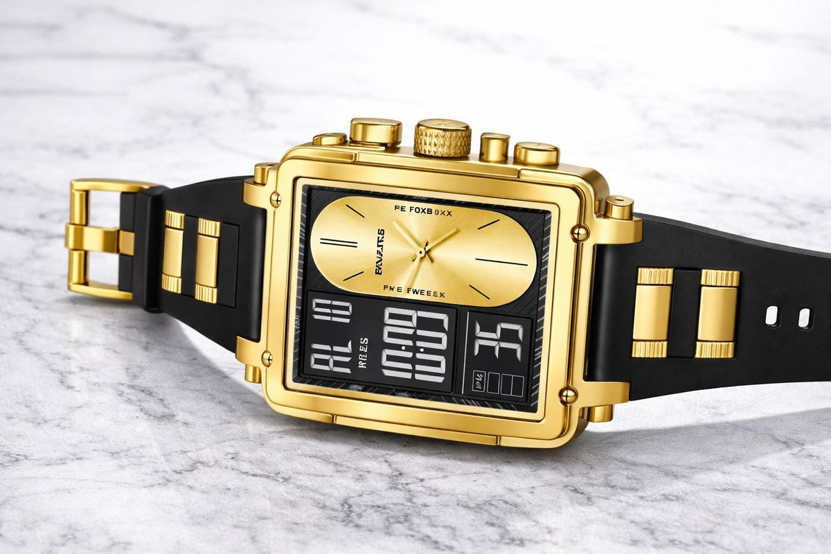 Gold Dual Display Square Watch: Analog Digital Timepiece, Stainless Steel Fashion Accessory