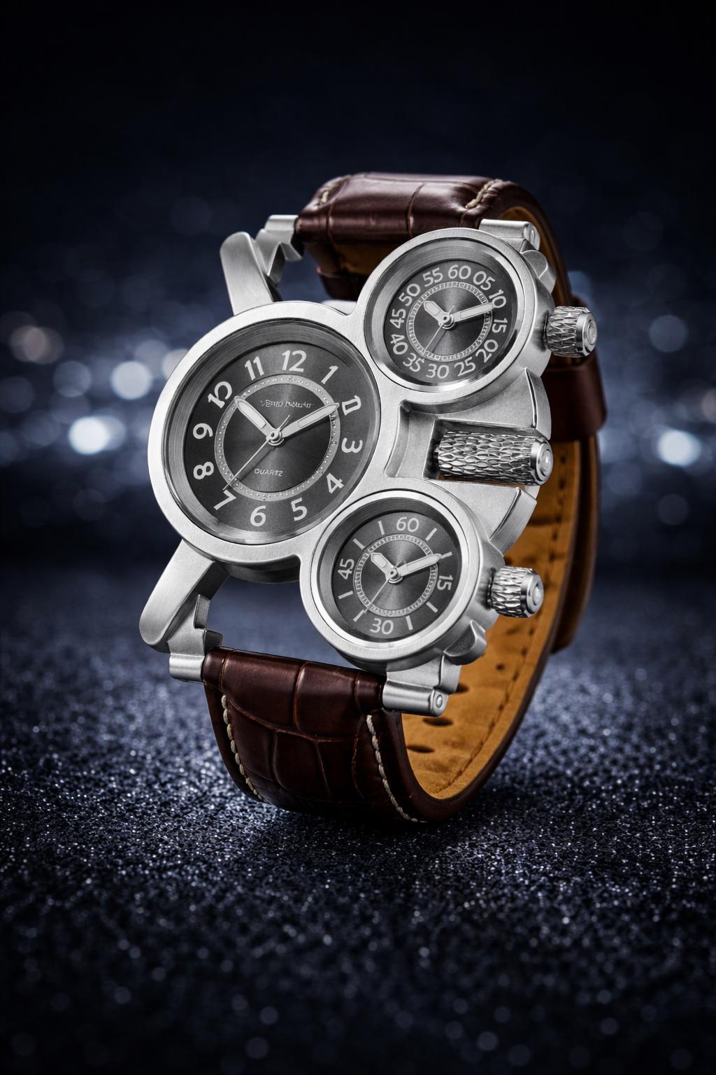 Luxury Triple Dial Men's Steampunk Watch | Brown Leather Strap